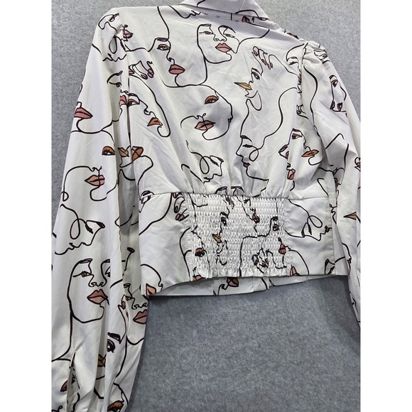 Milk & Honey Face Line Art Cropped Blouse White Black Neck Tie Puff Sleeve M - Picture 10 of 10